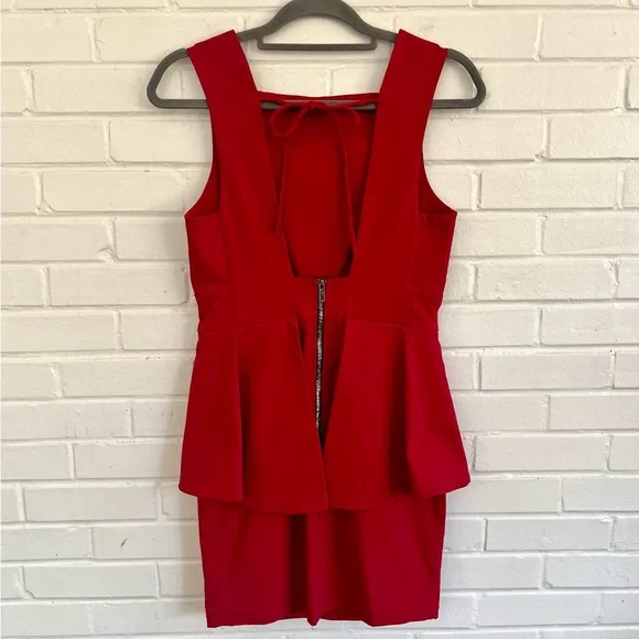 Monaco USA Fitted, Red Peplum Mini Dress w/ Zip-up & Tie Back, SZ L EUC - Picture 3 of 9